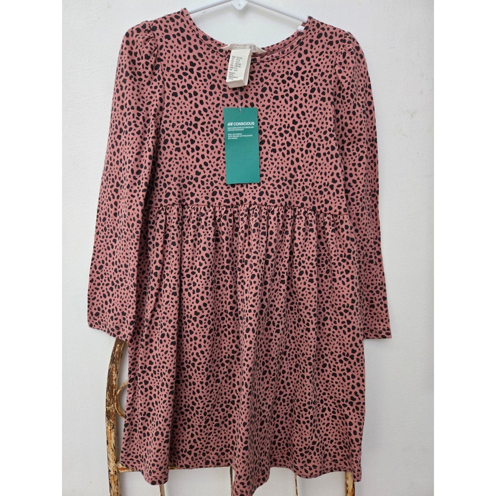 H&M Kids Dress Long Sleeve Pink Black Animal Print‎ Babydoll Style Cute